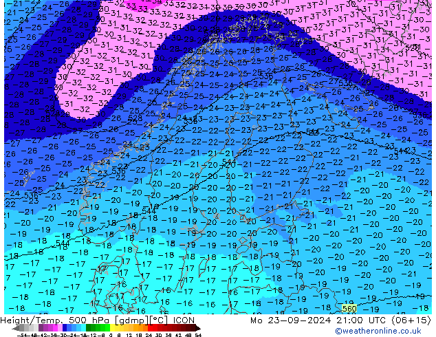 Hoogte/Temp. 500 hPa ICON ma 23.09.2024 21 UTC