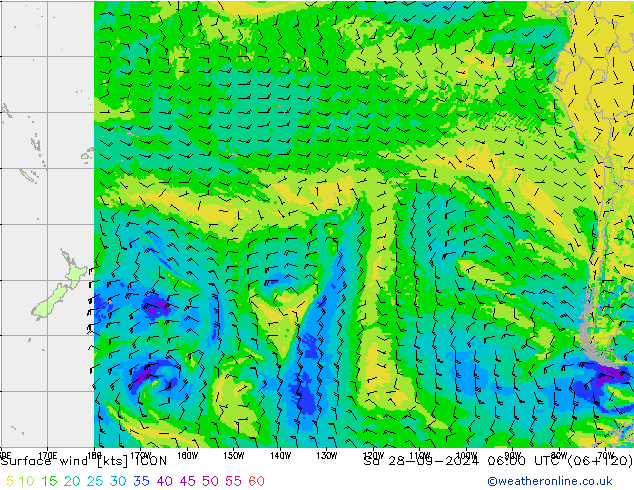 Vento 10 m ICON sab 28.09.2024 06 UTC