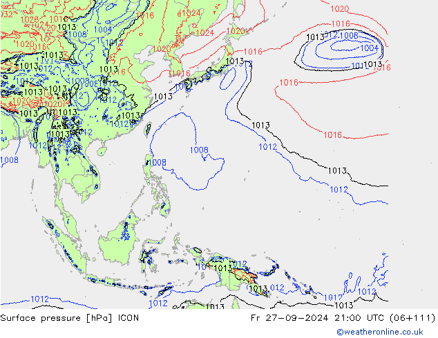 Luchtdruk (Grond) ICON vr 27.09.2024 21 UTC