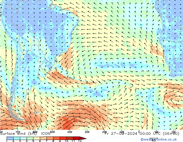 Vent 10 m (bft) ICON ven 27.09.2024 00 UTC