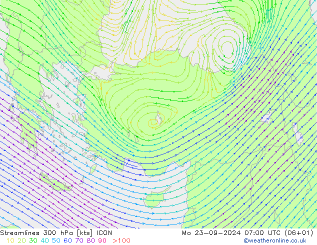 Linea di flusso 300 hPa ICON lun 23.09.2024 07 UTC