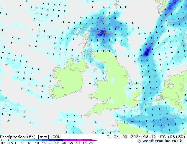 Precipitation (6h) ICON Tu 24.09.2024 12 UTC