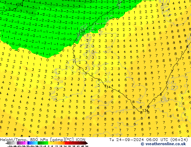 Height/Temp. 850 hPa ICON Tu 24.09.2024 06 UTC