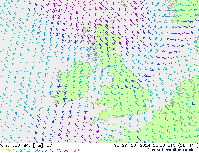 wiatr 500 hPa ICON so. 28.09.2024 00 UTC