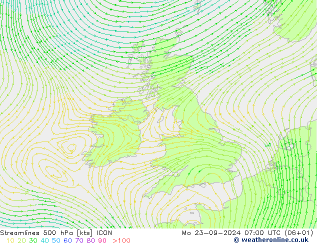 ветер 500 гПа ICON пн 23.09.2024 07 UTC
