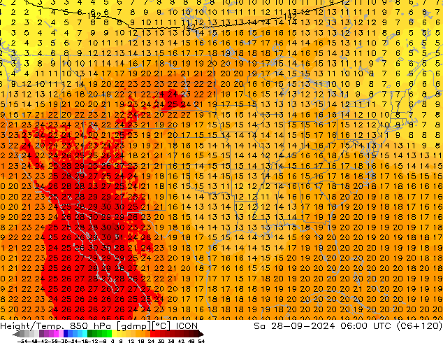 Height/Temp. 850 hPa ICON Sáb 28.09.2024 06 UTC