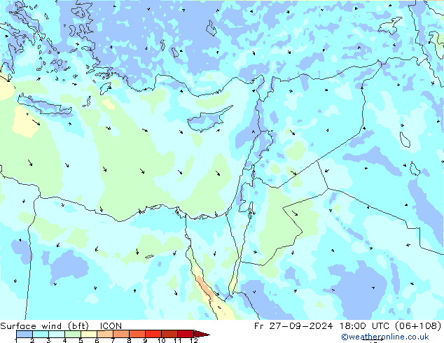 Surface wind (bft) ICON Fr 27.09.2024 18 UTC