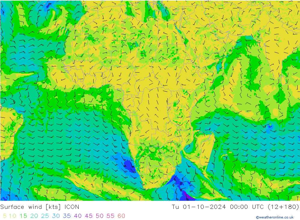 Surface wind ICON Tu 01.10.2024 00 UTC