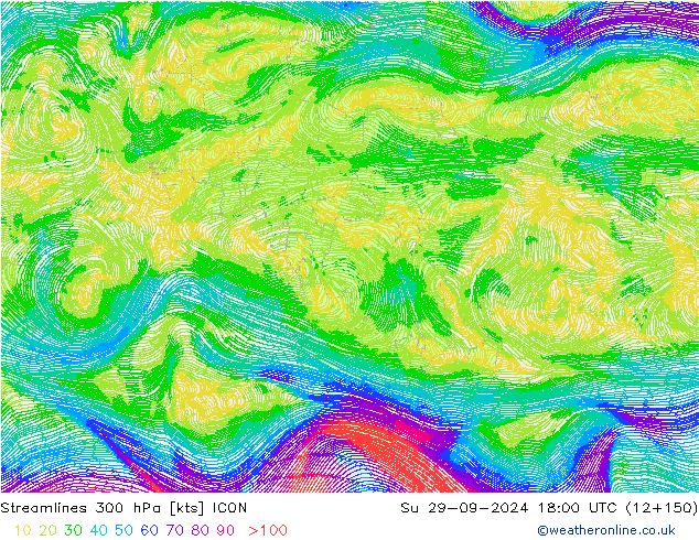 Linea di flusso 300 hPa ICON dom 29.09.2024 18 UTC