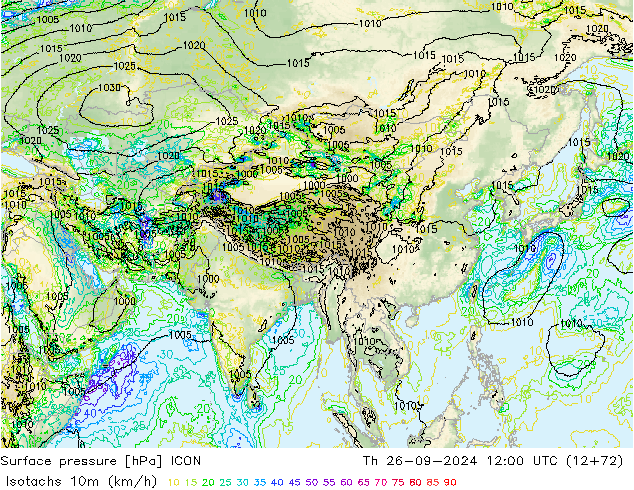 Izotacha (km/godz) ICON czw. 26.09.2024 12 UTC