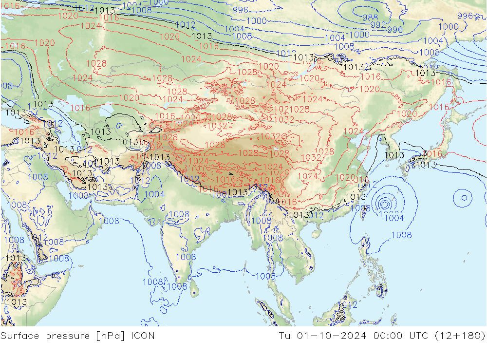 Surface pressure ICON Tu 01.10.2024 00 UTC