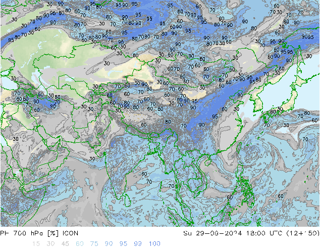 Humedad rel. 700hPa ICON dom 29.09.2024 18 UTC