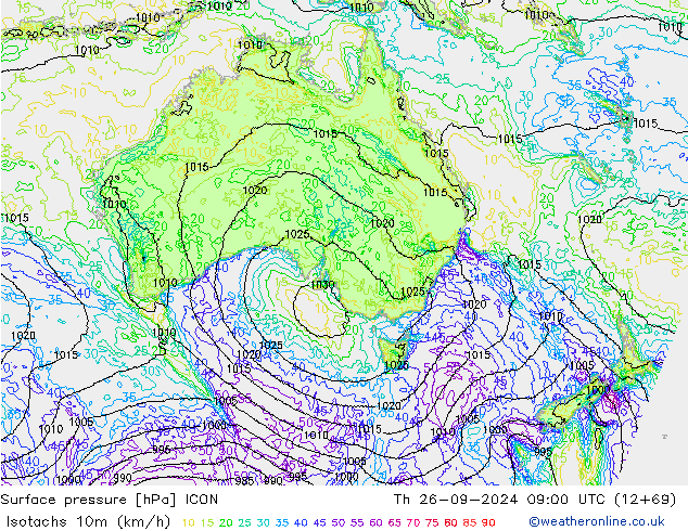 Isotachs (kph) ICON Th 26.09.2024 09 UTC