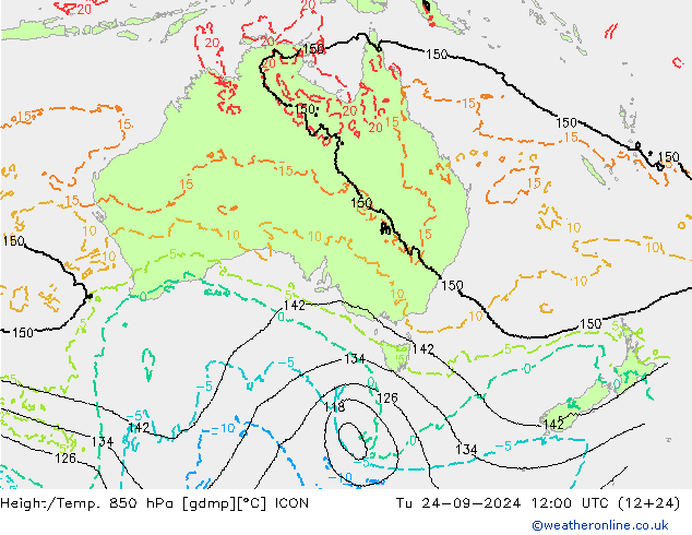 Geop./Temp. 850 hPa ICON mar 24.09.2024 12 UTC