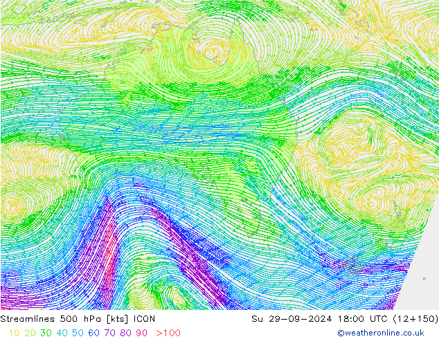 Stroomlijn 500 hPa ICON zo 29.09.2024 18 UTC