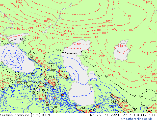 Surface pressure ICON Mo 23.09.2024 13 UTC