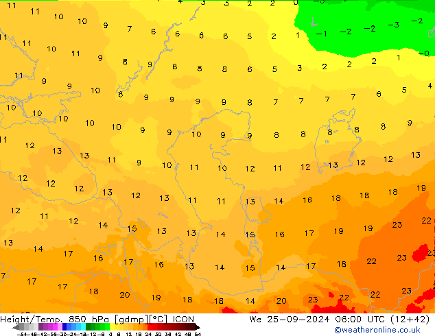 Hoogte/Temp. 850 hPa ICON wo 25.09.2024 06 UTC