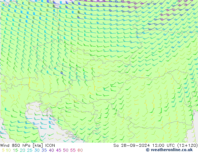 wiatr 850 hPa ICON so. 28.09.2024 12 UTC