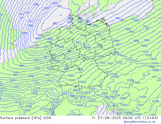 Surface pressure ICON Fr 27.09.2024 09 UTC