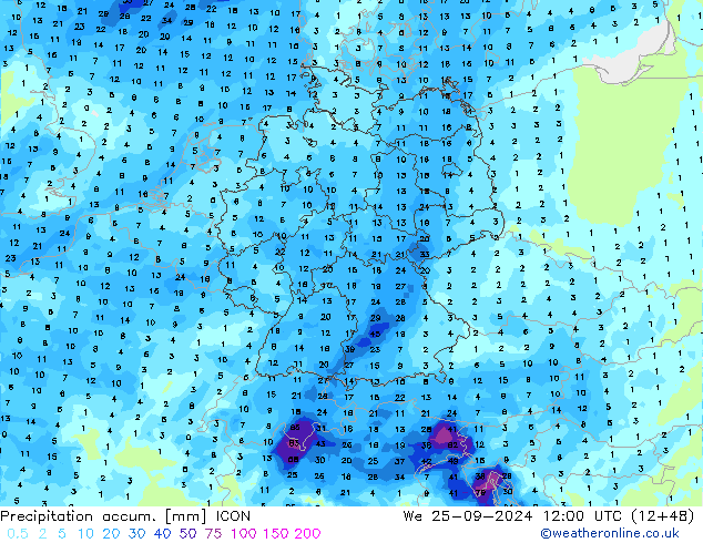 Precipitation accum. ICON mer 25.09.2024 12 UTC