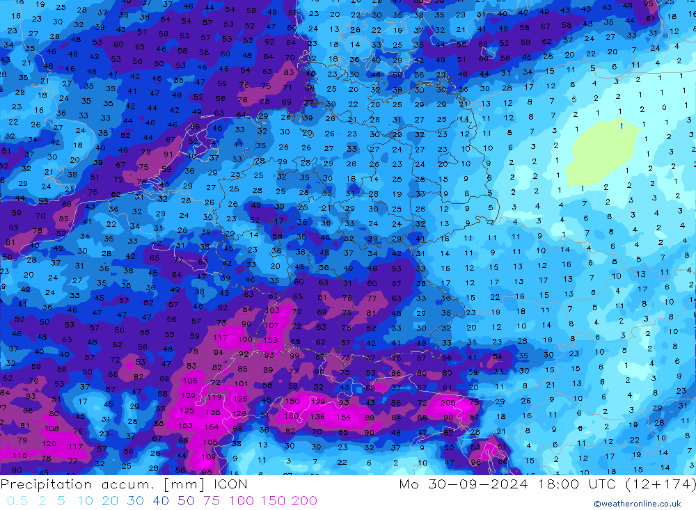 Precipitation accum. ICON пн 30.09.2024 18 UTC