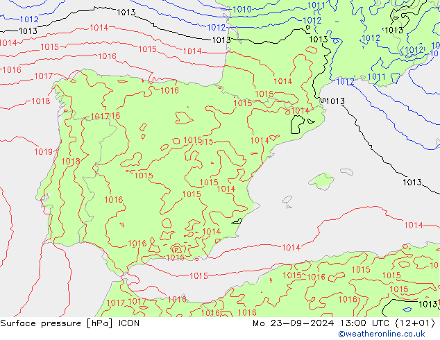 Presión superficial ICON lun 23.09.2024 13 UTC