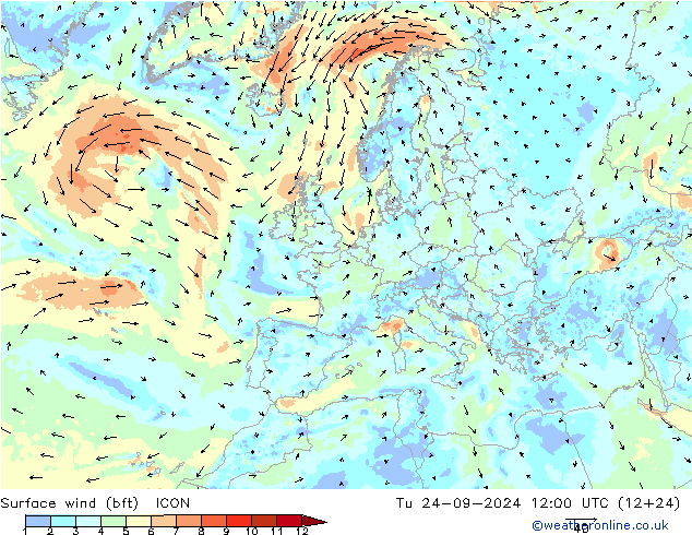 Vent 10 m (bft) ICON mar 24.09.2024 12 UTC