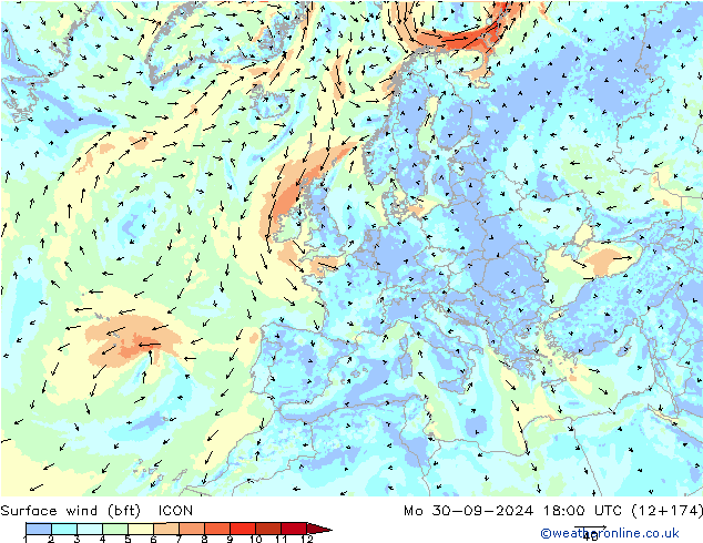 Surface wind (bft) ICON Mo 30.09.2024 18 UTC