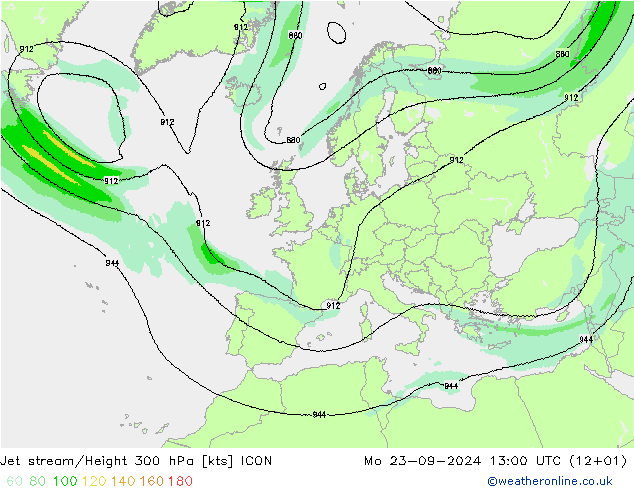 Jet stream/Height 300 hPa ICON Mo 23.09.2024 13 UTC