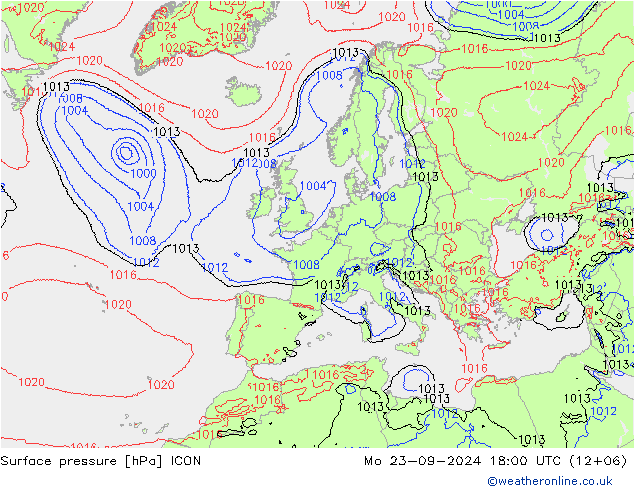 Pressione al suolo ICON lun 23.09.2024 18 UTC