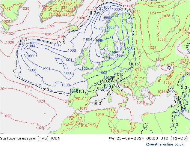 Pressione al suolo ICON mer 25.09.2024 00 UTC