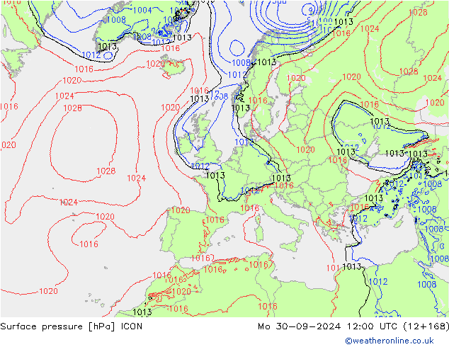 Surface pressure ICON Mo 30.09.2024 12 UTC