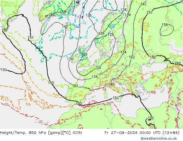 Height/Temp. 850 hPa ICON Fr 27.09.2024 00 UTC