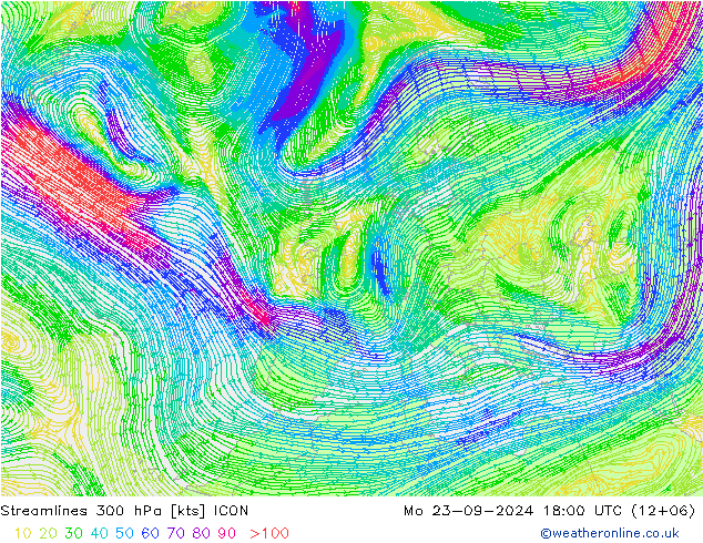 Ligne de courant 300 hPa ICON lun 23.09.2024 18 UTC