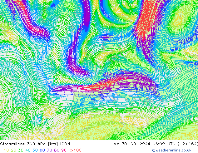 Streamlines 300 hPa ICON Mo 30.09.2024 06 UTC