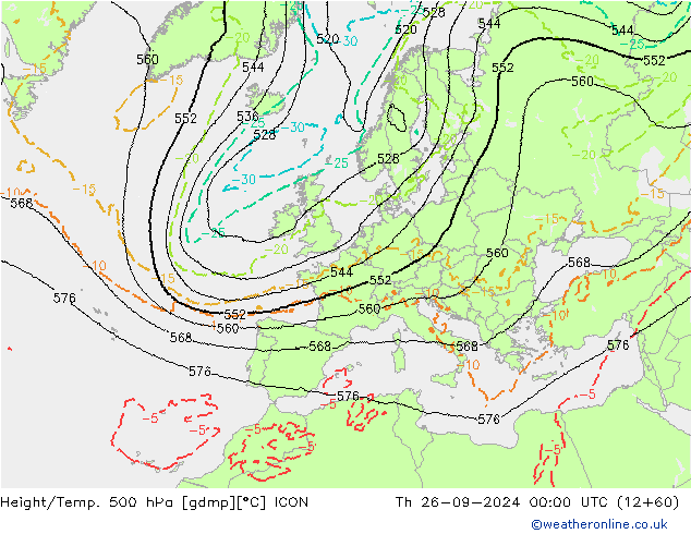 Height/Temp. 500 hPa ICON czw. 26.09.2024 00 UTC