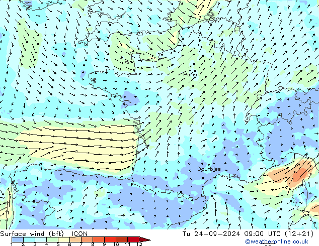 Surface wind (bft) ICON Út 24.09.2024 09 UTC