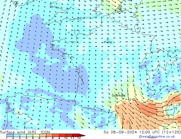 Viento 10 m (bft) ICON sáb 28.09.2024 12 UTC