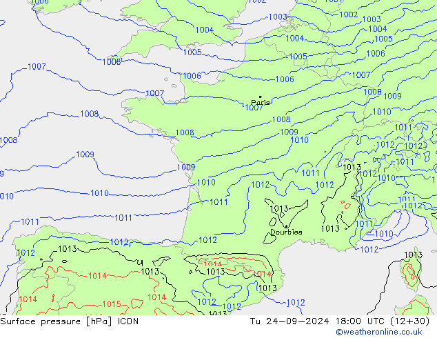 Surface pressure ICON Tu 24.09.2024 18 UTC