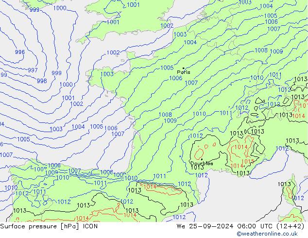 Yer basıncı ICON Çar 25.09.2024 06 UTC