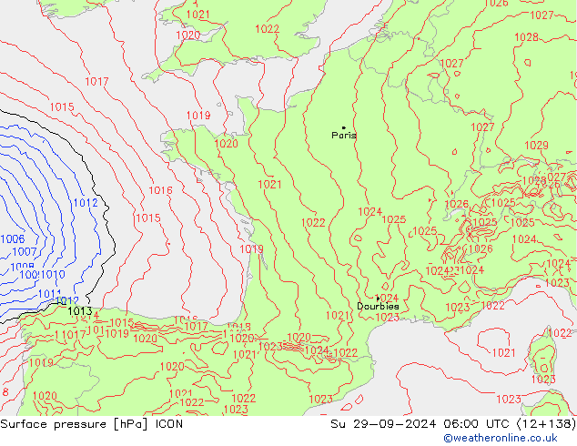 Yer basıncı ICON Paz 29.09.2024 06 UTC