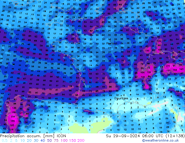 Precipitation accum. ICON Вс 29.09.2024 06 UTC