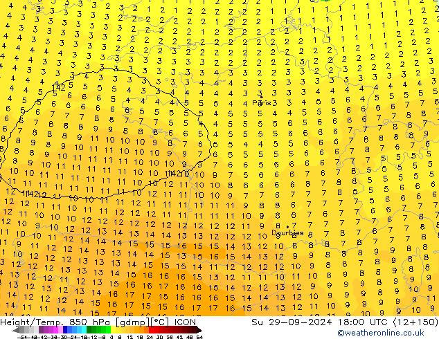 Geop./Temp. 850 hPa ICON dom 29.09.2024 18 UTC