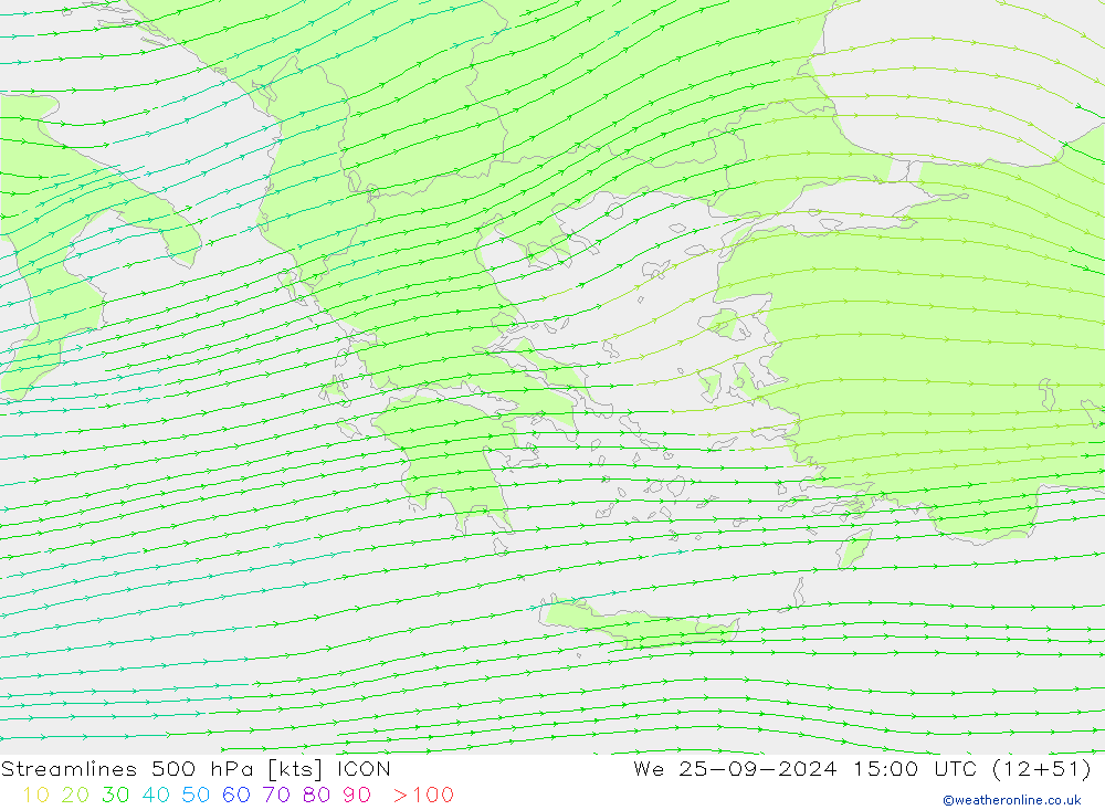 Linea di flusso 500 hPa ICON mer 25.09.2024 15 UTC