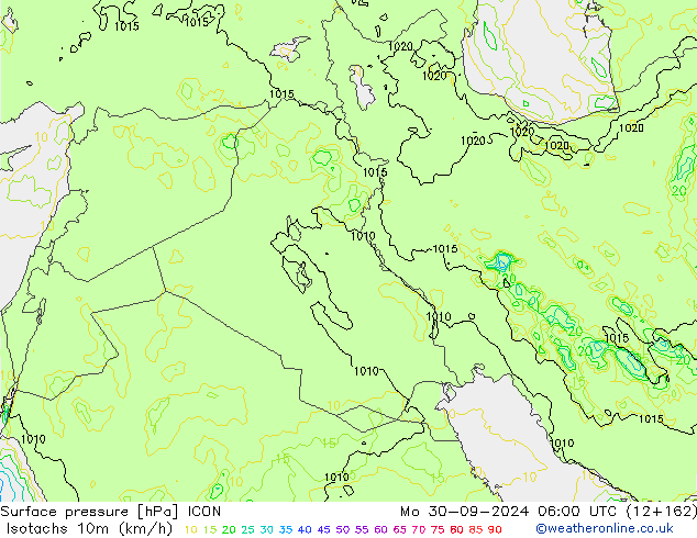 Izotacha (km/godz) ICON pon. 30.09.2024 06 UTC