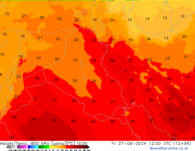 Height/Temp. 850 hPa ICON Fr 27.09.2024 12 UTC