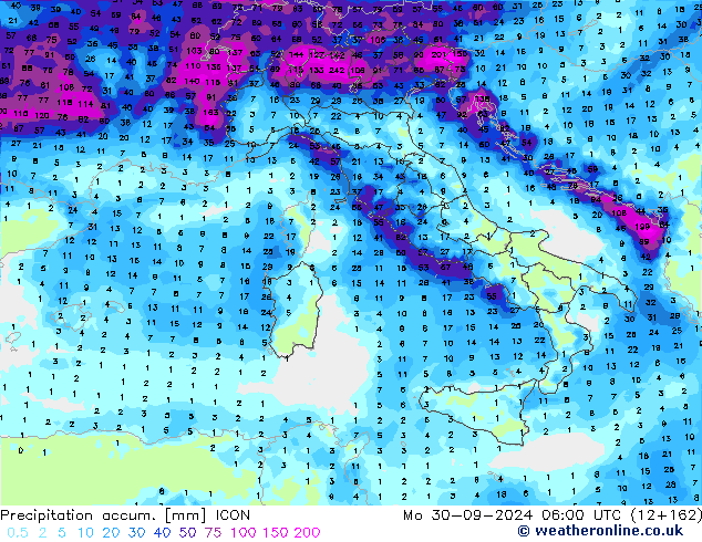 Precipitation accum. ICON Po 30.09.2024 06 UTC