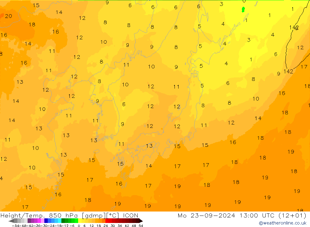 Height/Temp. 850 hPa ICON Mo 23.09.2024 13 UTC