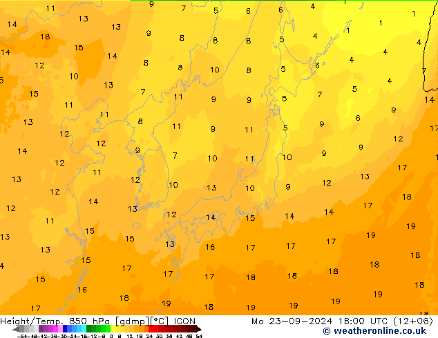 Géop./Temp. 850 hPa ICON lun 23.09.2024 18 UTC