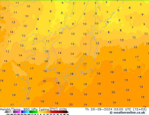 Height/Temp. 850 hPa ICON czw. 26.09.2024 03 UTC